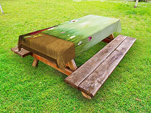 ABAKUHAUS Floreale Tovaglia da Esterno, Fiorisce in Un Prato Vaso, Tovaglia da Picnic Lavabile Decorativa, 145 cm x 305 cm, Verde Pallido e Caramel