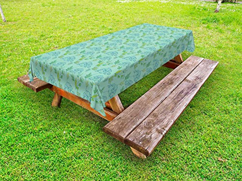 ABAKUHAUS Giardino Tovaglia da Esterno, Fiorente Fiori Fogliame, Tovaglia da Picnic Lavabile Decorativa, 145 cm x 305 cm, Seafoam Blu Scuro e Verde