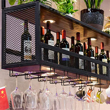 Industriale 2 livelli legno mensola del vino Rack calici di vetro di scaffalature metalliche telaio in ferro decorazione del soffitto Mensola con luce calda for i vini Bicchieri Tazze Home Decor Nero