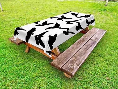 ABAKUHAUS Silhouette Tovaglia da Esterno, Monochrome Uccelli Pace, Tovaglia da Picnic Lavabile Decorativa, 145 cm x 305 cm, Charcoal Grey And White