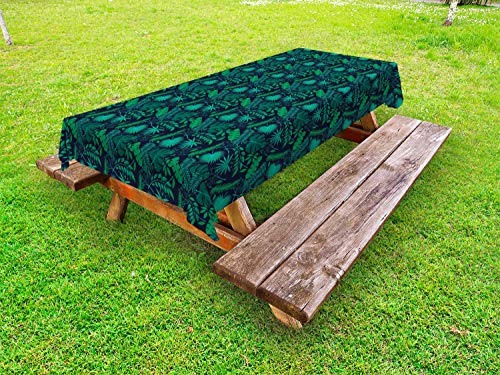ABAKUHAUS Tropicale Tovaglia da Esterno, Foglie Hibiscus Plumeria, Tovaglia da Picnic Lavabile Decorativa, 145 cm x 210 cm, Indigo Jade Green