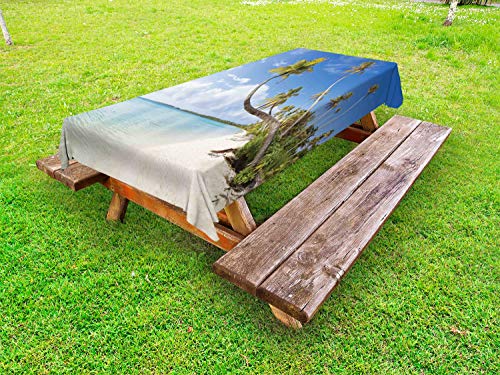 ABAKUHAUS Fiji Tovaglia da Esterno, Spiaggia Tropicale e Foglie di Palma, Tovaglia da Picnic Lavabile Decorativa, 145 cm x 305 cm, Azure Blue Olive Verde