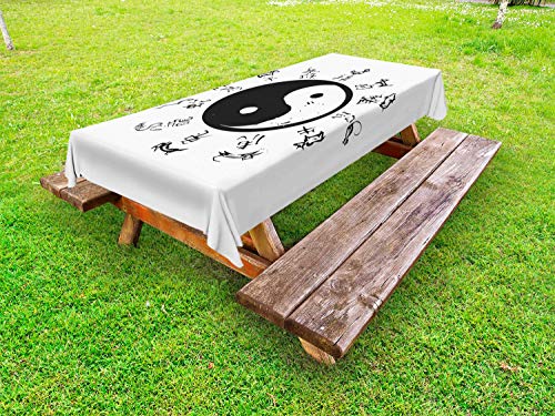 ABAKUHAUS Etnico Tovaglia da Esterno, Yin e Yang Tao e Motivi, Tovaglia da Picnic Lavabile Decorativa, 145 cm x 265 cm, Charcoal Grey And White