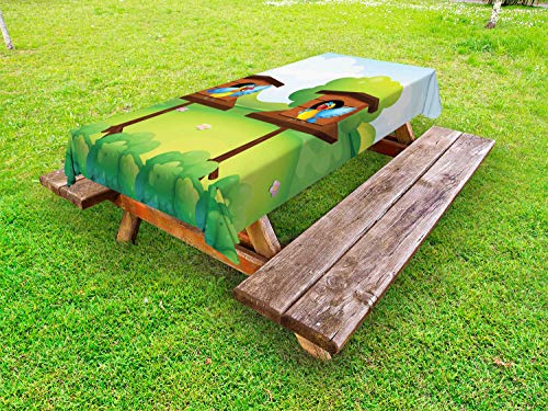 ABAKUHAUS Birdhouse Tovaglia da Esterno, Alati Animali Nest, Tovaglia da Picnic Lavabile Decorativa, 145 cm x 265 cm, Lime Green Multicolor
