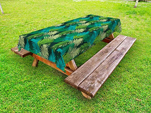 ABAKUHAUS Foglia di Palma Tovaglia da Esterno, Tropical Jungle Motivi, Tovaglia da Picnic Lavabile Decorativa, 145 cm x 305 cm, Dark Green Multicolor