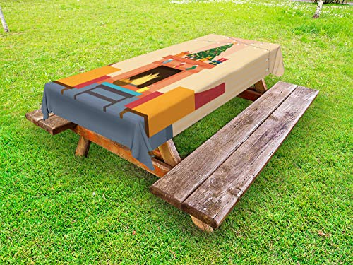 ABAKUHAUS Camino Tovaglia da Esterno, Cartoon Xmas Interni, Tovaglia da Picnic Lavabile Decorativa, 145 cm x 305 cm, Multicolore