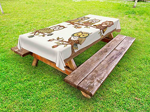 ABAKUHAUS Owl Lover Tovaglia da Esterno, Uccelli di Notte sul Ramo, Tovaglia da Picnic Lavabile Decorativa, 145 cm x 305 cm, Umber e Avorio
