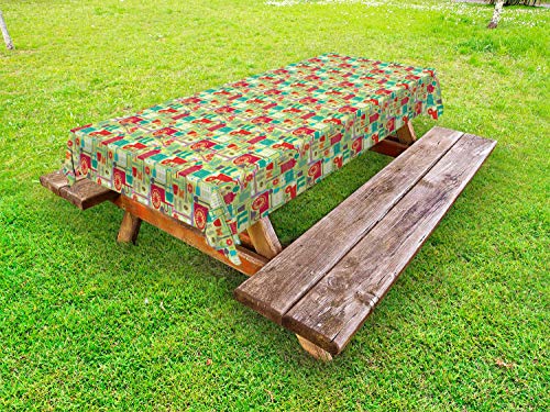 ABAKUHAUS Garden Art Tovaglia da Esterno, Oggetti Colorati Grunge, Tovaglia da Picnic Lavabile Decorativa, 145 cm x 265 cm, Avocado Verde Multicolor