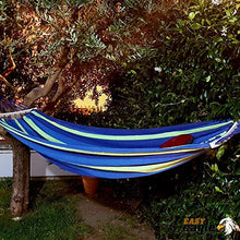 EASY EAGLE Amaca da Giardino con 60CM Aste di Legno, 220x120CM Amache Cotone con Cuscino Gonfiabile per Campeggio Viaggio, Carico 300KG, Strisce Verde-blu