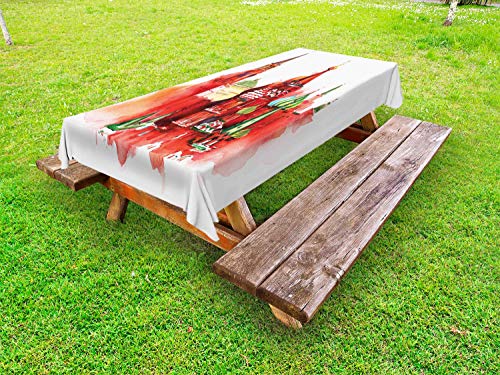 ABAKUHAUS Russo Tovaglia da Esterno, Piazza Rossa San Basilio Art, Tovaglia da Picnic Lavabile Decorativa, 145 cm x 305 cm, Terra di Siena bruciata Bianco