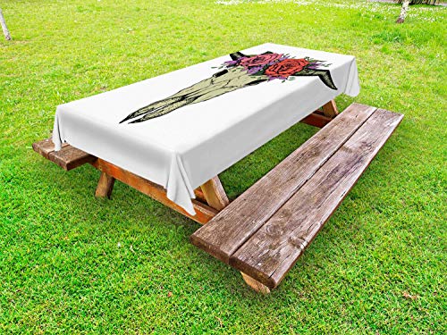 ABAKUHAUS Bufalo Tovaglia da Esterno, Bison Skull con i Fiori, Tovaglia da Picnic Lavabile Decorativa, 145 cm x 305 cm, Bianco Multicolor