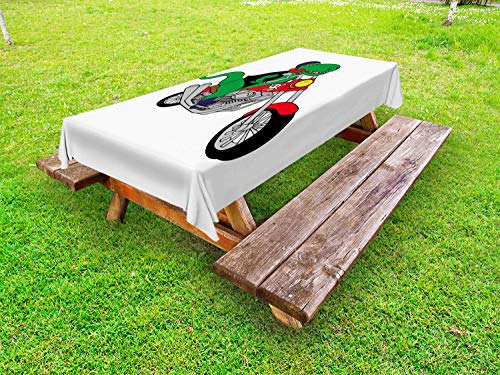 ABAKUHAUS Dinosaur Biciclette Tovaglia da Esterno, Divertente Rider T-Rex, Tovaglia da Picnic Lavabile Decorativa, 145 cm x 265 cm, Verde Multicolore
