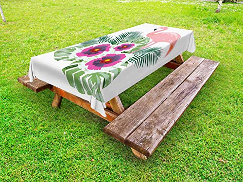 ABAKUHAUS Ibisco Tovaglia da Esterno, Flamingo Tropical Bouquet, Tovaglia da Picnic Lavabile Decorativa, 145 cm x 210 cm, Bianco Multicolor