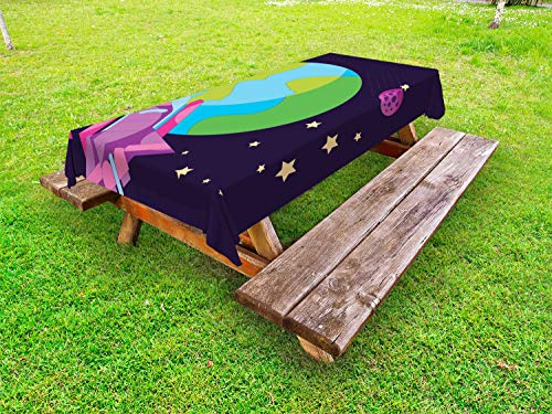 ABAKUHAUS Cartone Animato Tovaglia da Esterno, Galaxy Spazio Rockets Art, Tovaglia da Picnic Lavabile Decorativa, 145 cm x 265 cm, Mela Verde Blue Sky