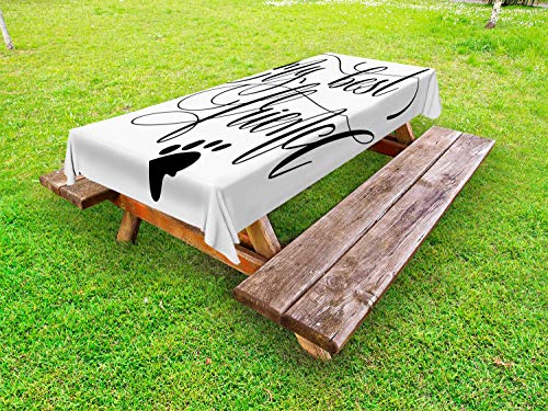 ABAKUHAUS Migliore Amico Tovaglia da Esterno, Paws Positivo Parole, Tovaglia da Picnic Lavabile Decorativa, 145 cm x 305 cm, Charcoal Grey Bianco