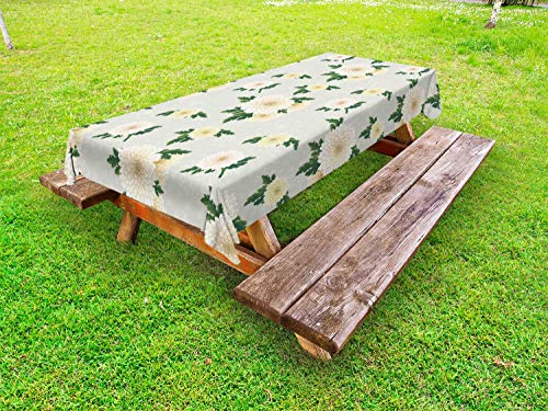 ABAKUHAUS Vintage ▾ Tovaglia da Esterno, Crisantemi Tono sordina, Tovaglia da Picnic Lavabile Decorativa, 145 cm x 210 cm, Noce di Cocco e Fern Green