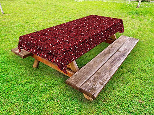 ABAKUHAUS Floreale Tovaglia da Esterno, Rose Sagome Blooming, Tovaglia da Picnic Lavabile Decorativa, 145 cm x 305 cm, Carbonella Gray e Vermilion