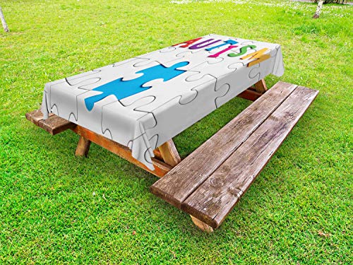 ABAKUHAUS Autismo Tovaglia da Esterno, Iscrizione sulla Bianca di Puzzle, Tovaglia da Picnic Lavabile Decorativa, 145 cm x 210 cm, Multicolore