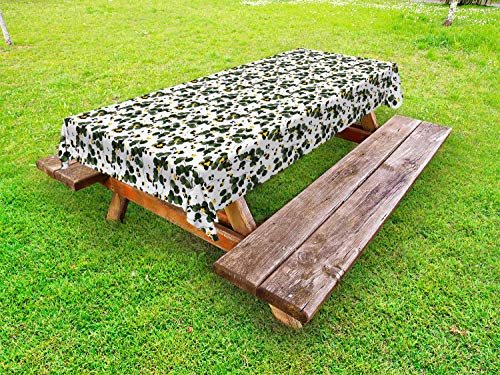 ABAKUHAUS Astratto Tovaglia da Esterno, Le Piante e Gli Spot Fatti a Mano, Tovaglia da Picnic Lavabile Decorativa, 145 cm x 210 cm, Hunter Verde Giallo