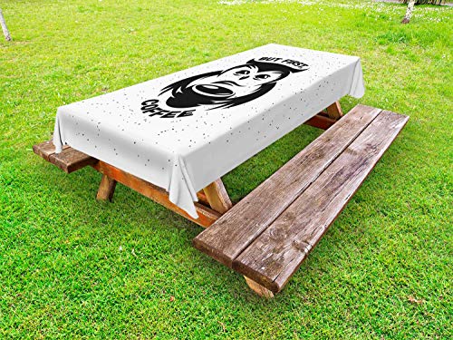 ABAKUHAUS Ma Primo caffè Tovaglia da Esterno, Gufo Tiene Tazza Dots, Tovaglia da Picnic Lavabile Decorativa, 145 cm x 210 cm, Charcoal Grey And White