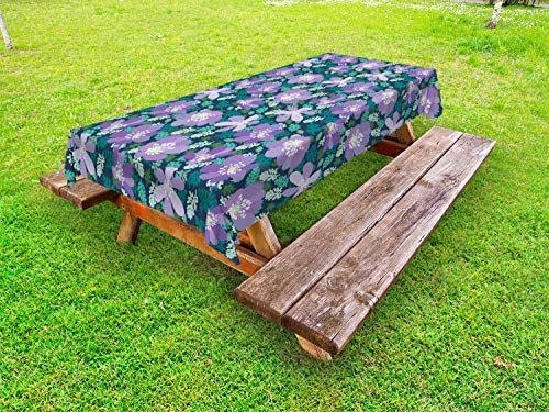 ABAKUHAUS Prato Tovaglia da Esterno, Natural Fioritura Primavera, Tovaglia da Picnic Lavabile Decorativa, 145 cm x 210 cm, Lavanda e Forest Green