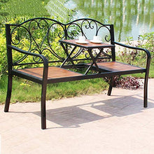Panca da Giardino Per Patio Esterno da 59 Pollici, Struttura In Ghisa E Tavolo E Sedie da Balcone In Legno Massello Anticorrosivo,Panchina In Metallo Con Tavolino Centrale,Per Veranda / Cortile/prat