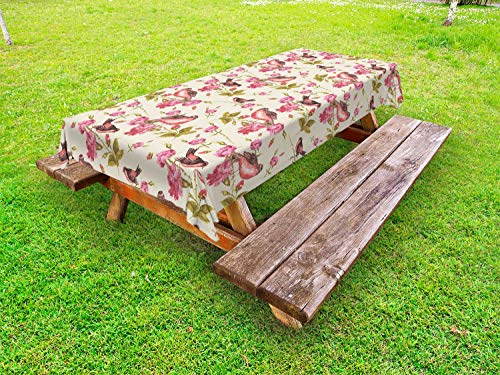 ABAKUHAUS Floreale Tovaglia da Esterno, Il Canto degli Uccelli Rose Fiori, Tovaglia da Picnic Lavabile Decorativa, 145 cm x 210 cm, Crema Rosa