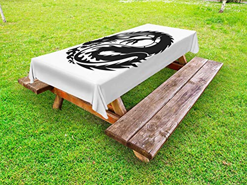 ABAKUHAUS Drago Celtico Tovaglia da Esterno, Serpent Belch Flames, Tovaglia da Picnic Lavabile Decorativa, 145 cm x 210 cm, Charcoal Grey And White