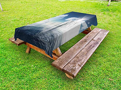 ABAKUHAUS Ice Berg Tovaglia da Esterno, Soffici Nuvole Raggi di Sole, Tovaglia da Picnic Lavabile Decorativa, 145 cm x 210 cm, Cielo Azzurro Scuro Multicolor