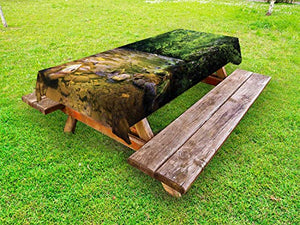 ABAKUHAUS Appalachian Tovaglia da Esterno, Oconaluftee River Photo, Tovaglia da Picnic Lavabile Decorativa, 145 cm x 265 cm, Lime Green Charcoal Grey