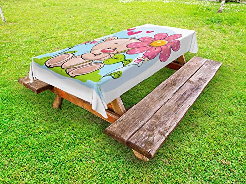 ABAKUHAUS Funny Bear Tovaglia da Esterno, Cartoon Teddy Fiori, Tovaglia da Picnic Lavabile Decorativa, 145 cm x 265 cm, Multicolore