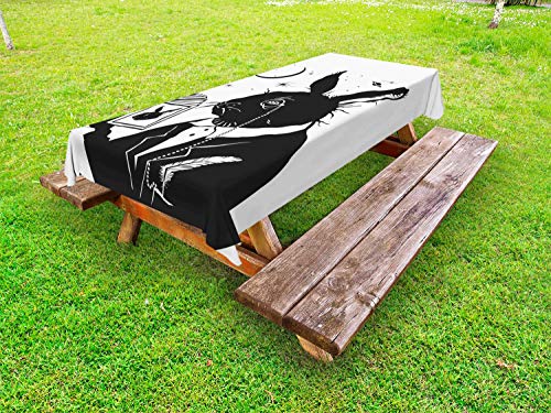ABAKUHAUS Coniglietto Tovaglia da Esterno, Oldie Che Legge Un Libro di Notte, Tovaglia da Picnic Lavabile Decorativa, 145 cm x 305 cm, Charcoal Grey Bianco