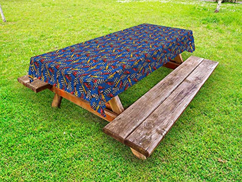ABAKUHAUS Macchina da Corsa Tovaglia da Esterno, Cartoon Bandiere Automobile, Tovaglia da Picnic Lavabile Decorativa, 145 cm x 265 cm, Cobalt Blue e Multicolore