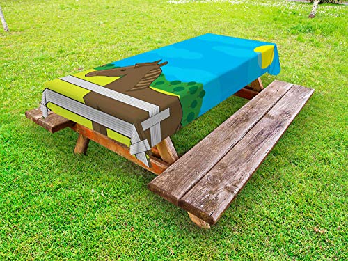ABAKUHAUS Pony Tovaglia da Esterno, Cavallo e Pollo del Fumetto, Tovaglia da Picnic Lavabile Decorativa, 145 cm x 265 cm, Blue Sky Taupe