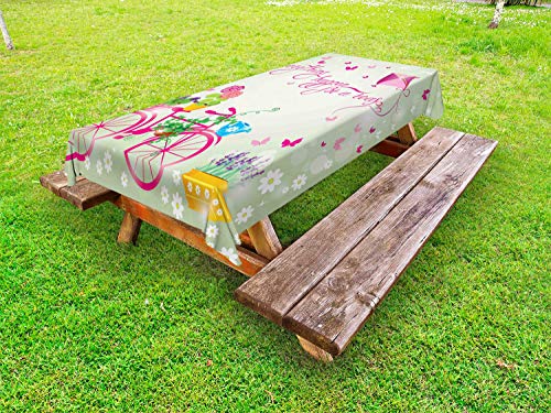 ABAKUHAUS Detto Tovaglia da Esterno, Primavera Vibes Kite Biciclette, Tovaglia da Picnic Lavabile Decorativa, 145 cm x 210 cm, Multicolore