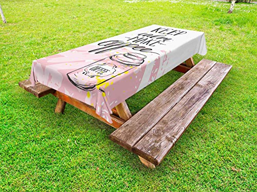 ABAKUHAUStai calmo Tovaglia da Esterno, Strokes Fare Il caffè, Tovaglia da Picnic Lavabile Decorativa, 145 cm x 305 cm, Rose Charcoal Grey Bianco