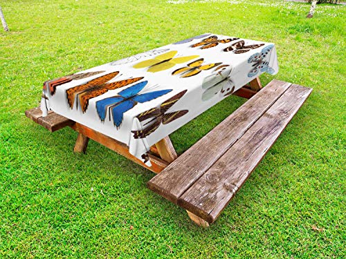 ABAKUHAUS Colorato Tovaglia da Esterno, Farfalle su Plain Indietro, Tovaglia da Picnic Lavabile Decorativa, 145 cm x 210 cm, Bianco e Multicolore