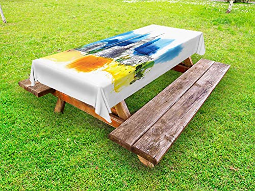 ABAKUHAUS Obelisco Tovaglia da Esterno, Casa Bianca della Vernice, Tovaglia da Picnic Lavabile Decorativa, 145 cm x 265 cm, Sea Blue Orange