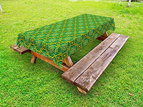 ABAKUHAUS Floreale Tovaglia da Esterno, Bicolore Ornamentali Motivi, Tovaglia da Picnic Lavabile Decorativa, 145 cm x 210 cm, Jade Green Terra Gialla
