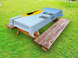ABAKUHAUS Idaho Tovaglia da Esterno, Gem State Welcome Road Sign, Tovaglia da Picnic Lavabile Decorativa, 145 cm x 305 cm, Terra Giallo Blue Sky