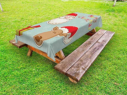 ABAKUHAUS Natale Tovaglia da Esterno, Regalo Divertente Santa e Cervi, Tovaglia da Picnic Lavabile Decorativa, 145 cm x 305 cm, Almond Verde Multicolor