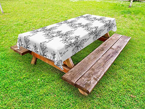 ABAKUHAUS Schizzo Tovaglia da Esterno, Pencil Drawn Piante Salute, Tovaglia da Picnic Lavabile Decorativa, 145 cm x 305 cm, Charcoal Grey Bianco
