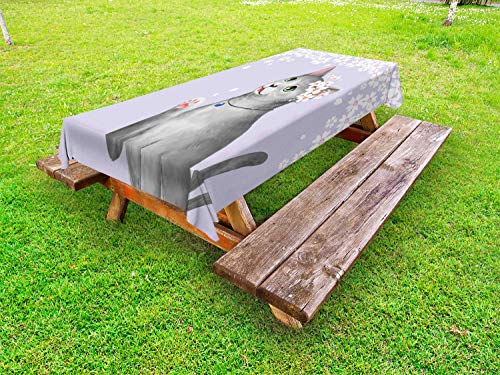 ABAKUHAUS Gatto Tovaglia da Esterno, Cherry Blossoms Fiori Kitten, Tovaglia da Picnic Lavabile Decorativa, 145 cm x 305 cm, Pastello Lilla Multicolor