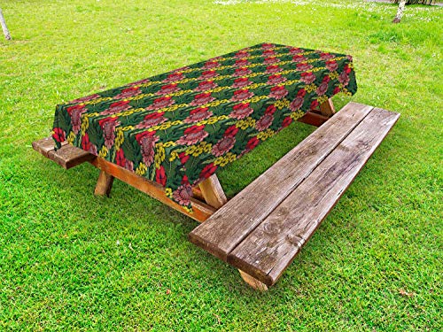 ABAKUHAUS Tropicale Tovaglia da Esterno, Jungle Floreale e Foglie, Tovaglia da Picnic Lavabile Decorativa, 145 cm x 265 cm, Olive Green Multicolor