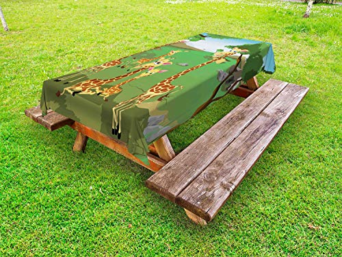 ABAKUHAUS Giraffa Tovaglia da Esterno, Savannah Fauna Arte del Fumetto, Tovaglia da Picnic Lavabile Decorativa, 145 cm x 265 cm, Felce Verde Multicolor