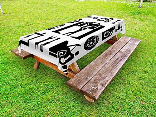 ABAKUHAUS Meccanico d'auto Tovaglia da Esterno, Auto Riparazione, Tovaglia da Picnic Lavabile Decorativa, 145 cm x 265 cm, Charcoal Grey Bianco