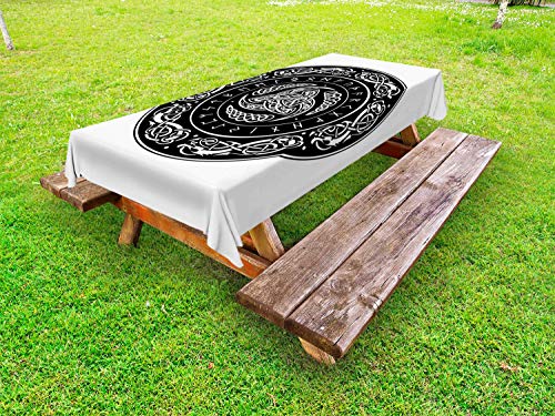 ABAKUHAUS Drago Celtico Tovaglia da Esterno, Tripla Corni di Odino, Tovaglia da Picnic Lavabile Decorativa, 145 cm x 305 cm, Charcoal Grey And White