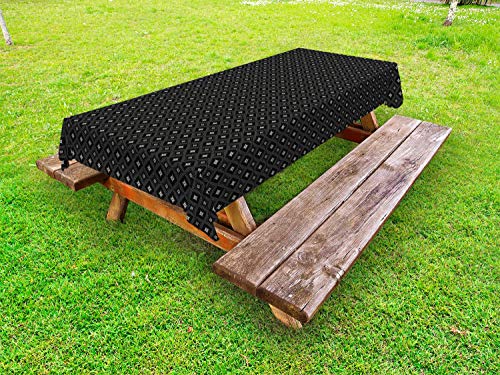 ABAKUHAUS Carbone Tovaglia da Esterno, Ripetitivo Forme e Dots, Tovaglia da Picnic Lavabile Decorativa, 145 cm x 305 cm, Charcoal Grey Bianco