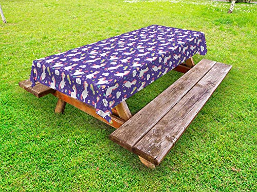 ABAKUHAUS Unicorno Tovaglia da Esterno, Nursery tematico Rainbow Cloud, Tovaglia da Picnic Lavabile Decorativa, 145 cm x 265 cm, Dark Indigo e Multicolore