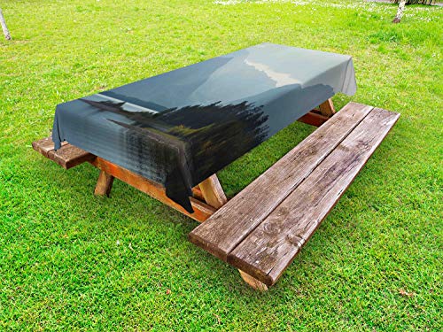 ABAKUHAUS Foresta oscura Tovaglia da Esterno, Teton Mountains Lake, Tovaglia da Picnic Lavabile Decorativa, 145 cm x 305 cm, Evergreen e Blu Grigio